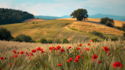 Idyllic Rural Landscape with Red Poppies and Rolling Hills, Captivating Nature Scene for Wall Art or Background Use. Peaceful Countryside View on a Sunny Day. AI