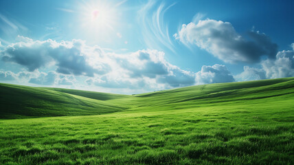 Fototapeta premium A vast green meadow stretches under a clear blue summer sky