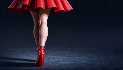 Red shoes. Women's legs. Walking woman in red. Fashion banner. Copy space - obrazy, fototapety, plakaty