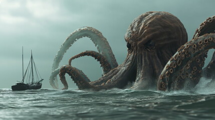 octopus fiercely attacks a ship in the open ocean, wrapping its tentacles around the vessel as it tries to defend itself