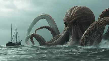 Rideaux velours Naufrage octopus fiercely attacks a ship in the open ocean, wrapping its tentacles around the vessel as it tries to defend itself