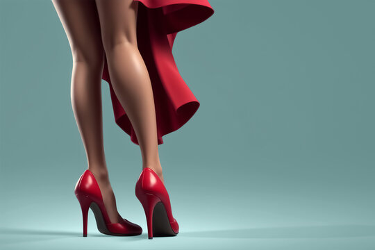 Red shoes. Female legs. Woman in red. Fashion banner. Copy space