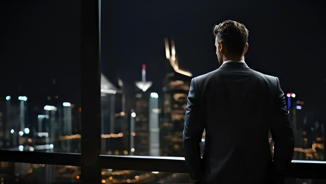 Successful businessman looking out of window at big city view and talking. Business man standing alone at modern downtown high-rises in the night think about business strategy with copy space area.