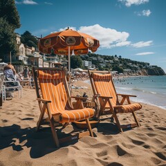 empty hammocks on the beach of a hotel resort. summer vacations on paradisiacal beaches. - obrazy, fototapety, plakaty