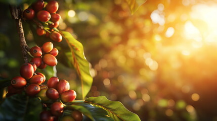 Sunlight filters through a coffee plantation, illuminating red coffee berries ready for harvest - obrazy, fototapety, plakaty