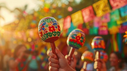 A person is holding three colorful maracas in their hand. The maracas are decorated with flowers and other designs, and they are being held up in the air. The scene appears to be lively and festive - obrazy, fototapety, plakaty