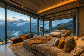 Fototapeta premium A tranquil bedroom retreat encased in glass walls, offering an immersive experience in a mountainous setting, complete with a cozy fireplace.