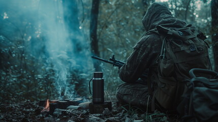 Man hunter with a backpack sits next to a crackling campfire in a wooded area, enjoying the warmth and cooking food