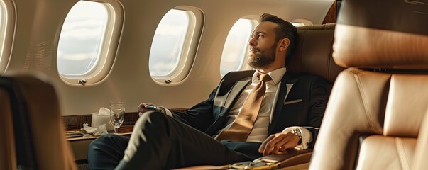 Bussiness man sits in the luxurious setting of a private jet's cabin