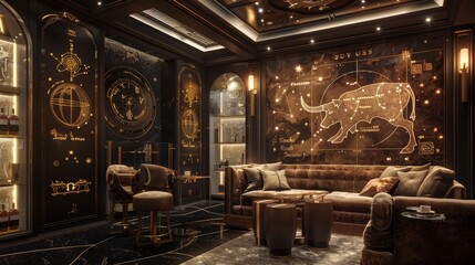 A luxurious lounge adorned with Taurus motifs, where comfort and sensory pleasure meet.  - obrazy, fototapety, plakaty