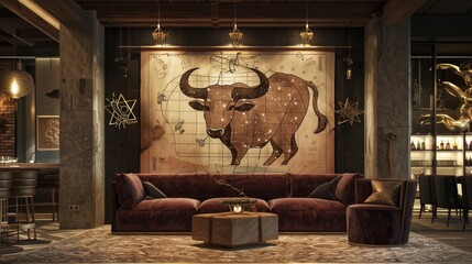 A luxurious lounge adorned with Taurus motifs, where comfort and sensory pleasure meet. 
