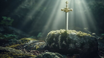 Sword King Arthur Excalibur in a stone in the forest, a ray of light reflected on the sword - obrazy, fototapety, plakaty