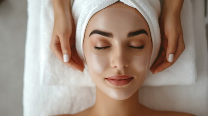Tranquil young woman enjoys a calming face massage, adorned with a head wrap and facial cream
