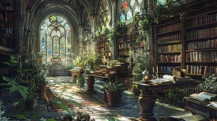 Fototapeta premium An ancient library filled with scrolls and tomes, where a Virgo-inspired scholar pours over texts, surrounded by symbols of the zodiac. The room is lit by natural light filtering through stained-glass