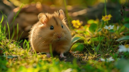 Fototapeta premium Enchanting Golden Hamster Exploring Lush Green Outdoors in Sunlight