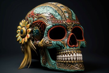 Fototapeta premium Eerie Red flower dead skull. Mexican holiday. Generate Ai