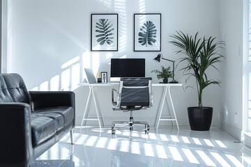 A chic, modern home office design with shining floors, abundant sunlight, and stylish furnishings, perfect for productivity..