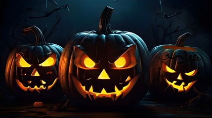 Illustration of glowing carved pumpkins with different evil faces in the dark at Halloween night. Generative AI