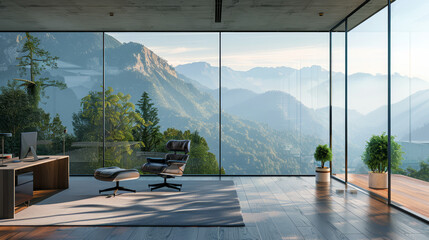 An airy home office with floor-to-ceiling windows, immersed in a stunning alpine landscape,...