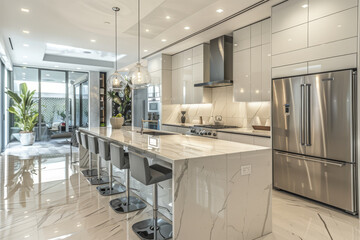 A luxurious modern kitchen featuring high-end appliances, glossy cabinets, and striking marble countertops and floors, with a view of greenery outside..