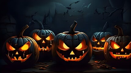 Illustration of glowing carved pumpkins with different evil faces in the dark at Halloween night. Generative AI