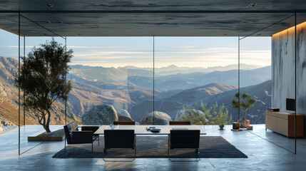 An airy home office with floor-to-ceiling windows, immersed in a stunning alpine landscape,...