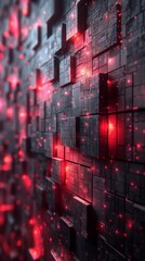 Abstract digital dark background with 3D elements and chaotic patterns, wallpaper for smartphone and PC, black and red style graphic resource