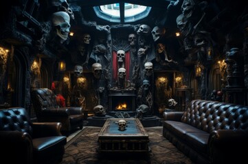 Eclectic Skull man cave. Man stone ancient. Generate Ai