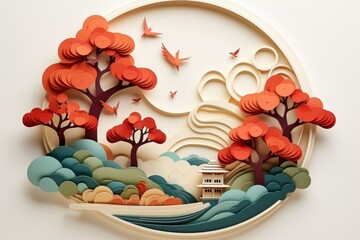 Exquisite art nouveau 3d floating composition with graceful birds and lush trees