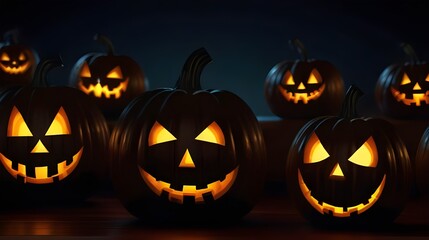Illustration of glowing carved pumpkins with different evil faces in the dark at Halloween night. Generative AI
