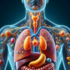 Visualization of the endocrine system, including glands such as the thyroid and adrenal glands.