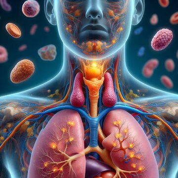 Human anatomy. Visualization of the endocrine system, including glands such as the thyroid and adrenal glands.