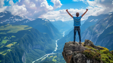 Obraz premium Positive man celebrating on mountain top, with arms raised up. Hiker stands on pinnacle summit, arms outstretched. Happy strong celebrating winning success confident man , Ai generated