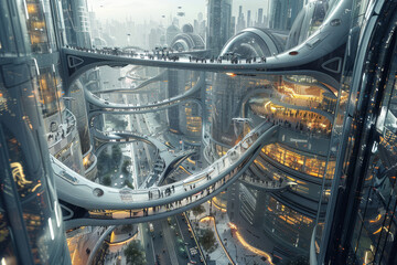 An imagined city of the future, with intricate spherical structures and eco-friendly skyscrapers intertwined by skybridges amidst flying vehicles.. - obrazy, fototapety, plakaty