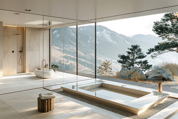An opulent spa bathroom featuring a freestanding bathtub and floor-to-ceiling windows with panoramic views of the mountainous landscape..