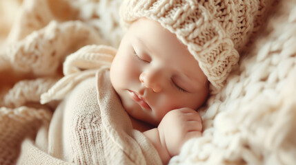 Peaceful Newborn Baby Sleeping in a Cozy Knit Hat and Blanket