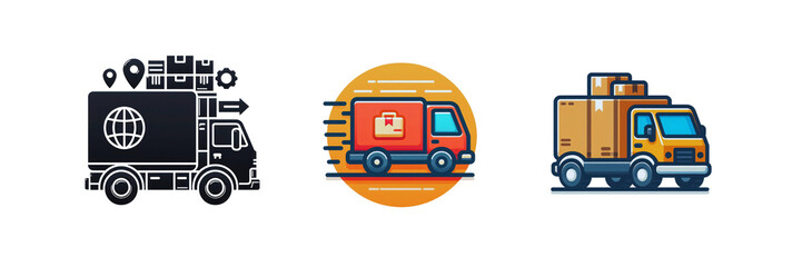 Set of Fast shipping delivery truck flat icon illustration, isolated over on transparent white background