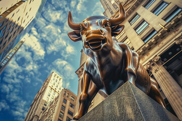 Large bronze statue of a bull standing on a granite pedestal in the city against a background of...