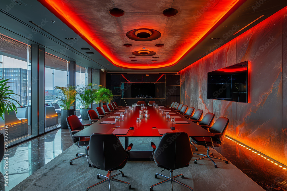 Wall mural a spacious executive boardroom featuring rich wood panels, red artistic details, and sleek black off