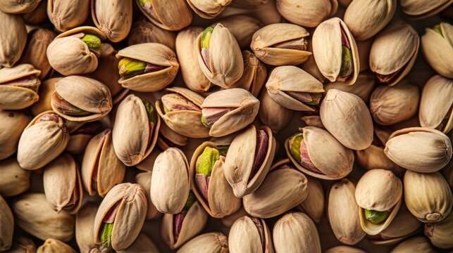 Close-up of a collection of roasted pistachio nuts, some in their shells and others without