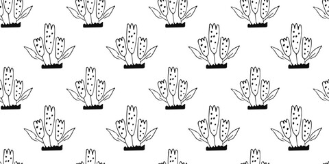 Outline doodle flower seamless Pattern. Hand drawn botanical background with abstract floral motif. Black print for fabric, wrapping paper, wallpaper design