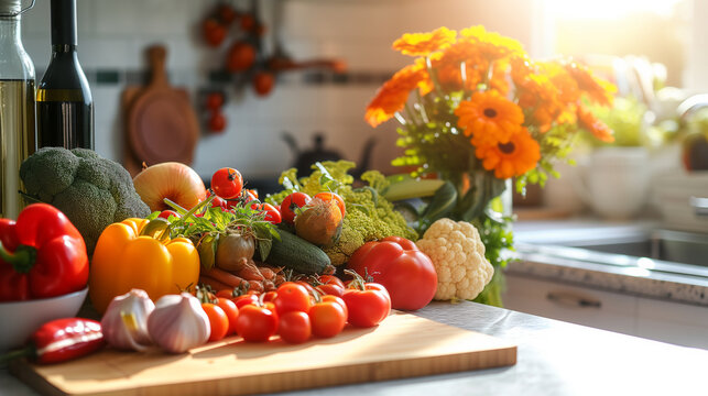 Fresh Vegetables on Cutting Board in Bright Kitchen with Sunlit Flowers