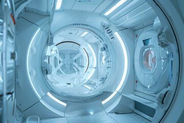 Futuristic interior view of a medical MRI machine room with advanced equipment and bright lighting..