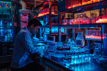 A focused scientist conducts experiments in a vibrantly lit laboratory filled with advanced equipment..