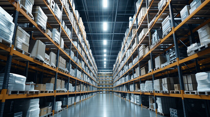 Spacious Warehouse Interior with Rows of Shelves and Boxes