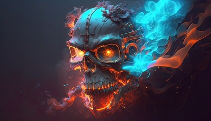 Skull with rainbow smoke cyberpunk 3d , Generate AI