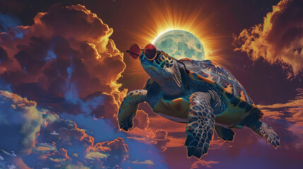 A turtle wearing sunglasses flies through the sky above a moon and clouds. The image has a whimsical and playful mood, as the turtle is not a typical subject for a photograph - obrazy, fototapety, plakaty