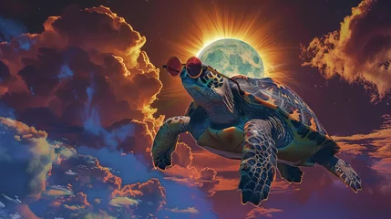 Fotobehang A turtle wearing sunglasses flies through the sky above a moon and clouds. The image has a whimsical and playful mood, as the turtle is not a typical subject for a photograph © Wonderful Studio