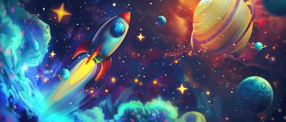 A lively outer space adventure, rocket soaring past whimsical planets and sparkling stars - obrazy, fototapety, plakaty