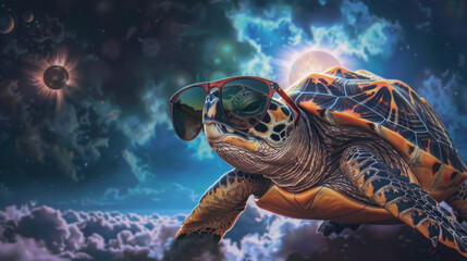 A turtle wearing sunglasses is flying through the sky. The image has a dreamy, whimsical mood - obrazy, fototapety, plakaty